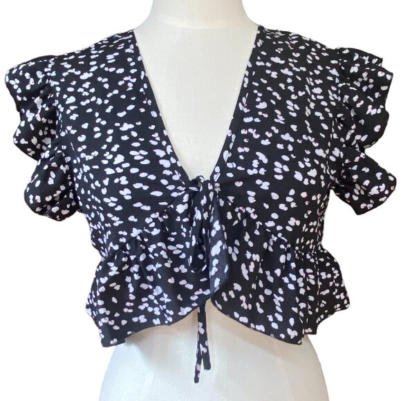 Abstract Floral Babydoll Tie Ruffle Crop Top Boho Cottagecore Y2K Dark Fairy-M - Picture 1 of 10